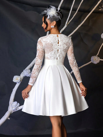Elegant And Luxurious White Floral Lace Splice Long Sleeve V-Neck Stretchy High Waist Flared Dress With Satin Belt, Suitable For Single Party, Wedding, Graduation, Vacation, Bridal Shower & Bridesmaid