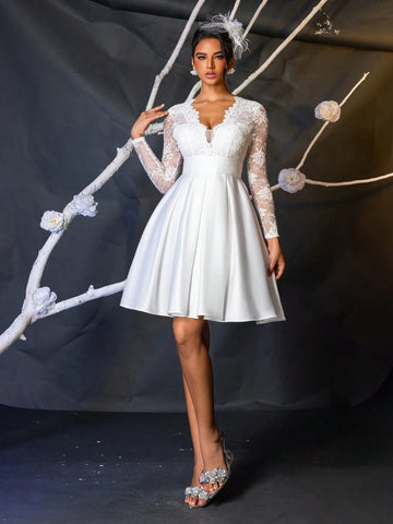 Elegant And Luxurious White Floral Lace Splice Long Sleeve V-Neck Stretchy High Waist Flared Dress With Satin Belt, Suitable For Single Party, Wedding, Graduation, Vacation, Bridal Shower & Bridesmaid