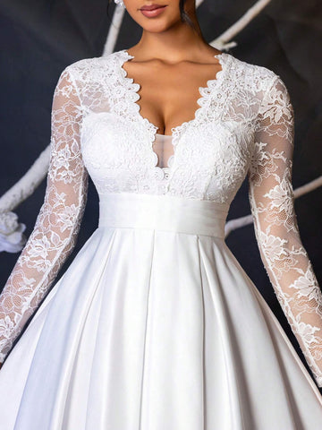 Elegant And Luxurious White Floral Lace Splice Long Sleeve V-Neck Stretchy High Waist Flared Dress With Satin Belt, Suitable For Single Party, Wedding, Graduation, Vacation, Bridal Shower & Bridesmaid