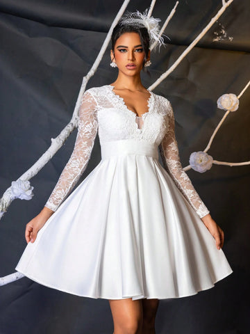 Elegant And Luxurious White Floral Lace Splice Long Sleeve V-Neck Stretchy High Waist Flared Dress With Satin Belt, Suitable For Single Party, Wedding, Graduation, Vacation, Bridal Shower & Bridesmaid