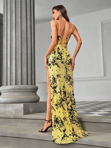 Elegant And Luxurious Yellow Flocked Sequin Camisole Top With High Waist, Side Slit, Backless Design, And Tail, Perfect For Dating, Single Parties, Graduation Seasons, Weddings, Special Events, Formal Dinners, And Galas