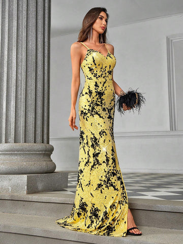 Elegant And Luxurious Yellow Flocked Sequin Camisole Top With High Waist, Side Slit, Backless Design, And Tail, Perfect For Dating, Single Parties, Graduation Seasons, Weddings, Special Events, Formal Dinners, And Galas