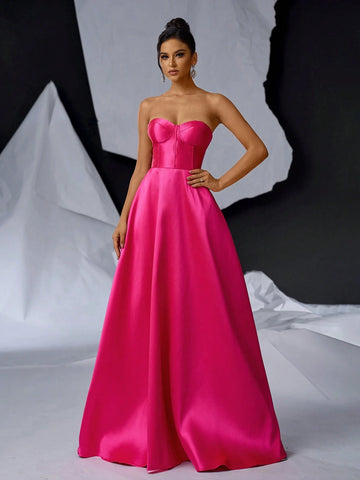Elegant And Minimalist Shiny Satin Strapless Dress In Bright Pink Color, A-Line Skirt, Suitable For Graduation, Back To School, Single Party, Wedding, Event, Heavy Industry Evening Banquet, Etc.