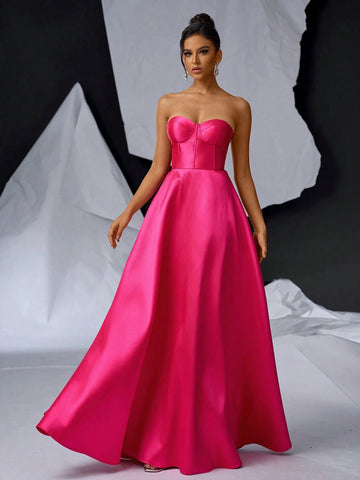 Elegant And Minimalist Shiny Satin Strapless Dress In Bright Pink Color, A-Line Skirt, Suitable For Graduation, Back To School, Single Party, Wedding, Event, Heavy Industry Evening Banquet, Etc.