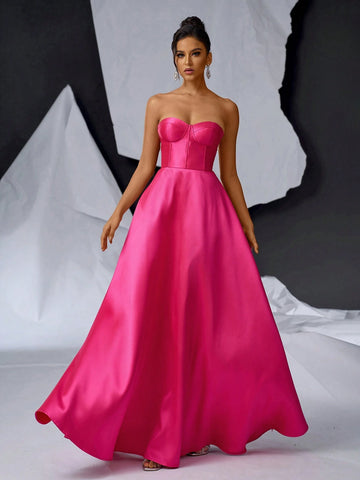 Elegant And Minimalist Shiny Satin Strapless Dress In Bright Pink Color, A-Line Skirt, Suitable For Graduation, Back To School, Single Party, Wedding, Event, Heavy Industry Evening Banquet, Etc.