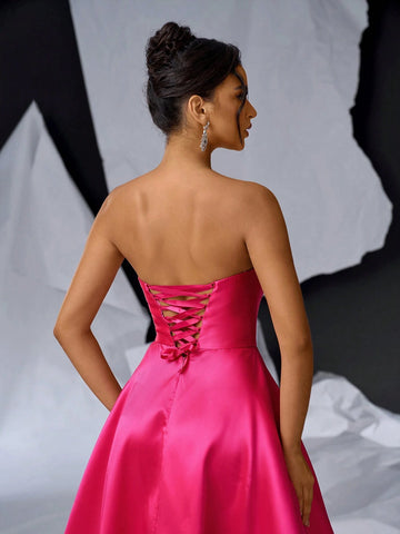 Elegant And Minimalist Shiny Satin Strapless Dress In Bright Pink Color, A-Line Skirt, Suitable For Graduation, Back To School, Single Party, Wedding, Event, Heavy Industry Evening Banquet, Etc.