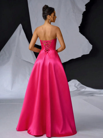 Elegant And Minimalist Shiny Satin Strapless Dress In Bright Pink Color, A-Line Skirt, Suitable For Graduation, Back To School, Single Party, Wedding, Event, Heavy Industry Evening Banquet, Etc.
