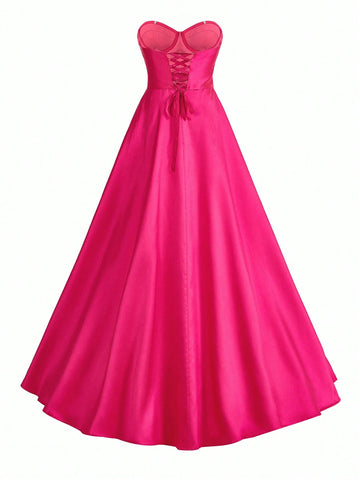 Elegant And Minimalist Shiny Satin Strapless Dress In Bright Pink Color, A-Line Skirt, Suitable For Graduation, Back To School, Single Party, Wedding, Event, Heavy Industry Evening Banquet, Etc.