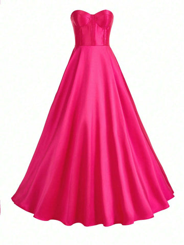 Elegant And Minimalist Shiny Satin Strapless Dress In Bright Pink Color, A-Line Skirt, Suitable For Graduation, Back To School, Single Party, Wedding, Event, Heavy Industry Evening Banquet, Etc.