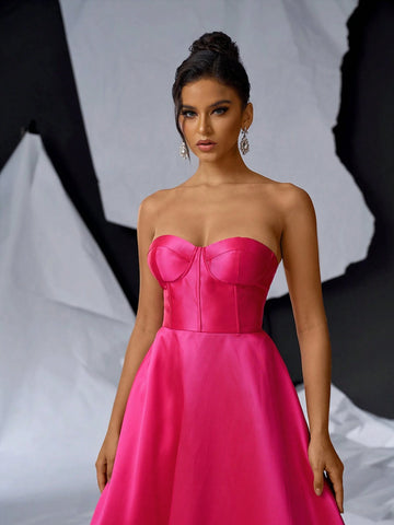 Elegant And Minimalist Shiny Satin Strapless Dress In Bright Pink Color, A-Line Skirt, Suitable For Graduation, Back To School, Single Party, Wedding, Event, Heavy Industry Evening Banquet, Etc.