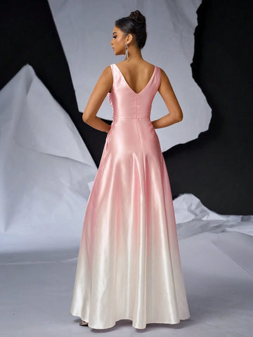 Elegant And Minimalistic Sleeveless V-Neck Dress With Contrast Mesh, High Waist, Perfect For Various Occasions Such As Dates, Parties, Holidays, Graduations, Weddings, And Gala Dinners