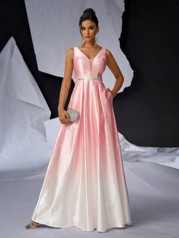 Elegant And Minimalistic Sleeveless V-Neck Dress With Contrast Mesh, High Waist, Perfect For Various Occasions Such As Dates, Parties, Holidays, Graduations, Weddings, And Gala Dinners