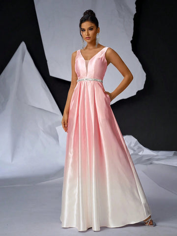 Elegant And Minimalistic Sleeveless V-Neck Dress With Contrast Mesh, High Waist, Perfect For Various Occasions Such As Dates, Parties, Holidays, Graduations, Weddings, And Gala Dinners