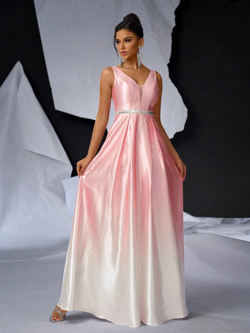 Elegant And Minimalistic Sleeveless V-Neck Dress With Contrast Mesh, High Waist, Perfect For Various Occasions Such As Dates, Parties, Holidays, Graduations, Weddings, And Gala Dinners