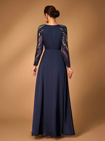 Elegant And Noble Navy Blue Fine Sequins Stitching Chiffon Round Neck See-Through Long Sleeves Gathered Chest Diamond Japanese-Style Buckle Decorative Waist A-Line Hem Suitable For Attending Wedding Events Dinner Dance Formal Mother Dress Evening Dress