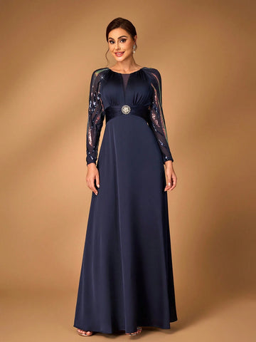 Elegant And Noble Navy Blue Fine Sequins Stitching Chiffon Round Neck See-Through Long Sleeves Gathered Chest Diamond Japanese-Style Buckle Decorative Waist A-Line Hem Suitable For Attending Wedding Events Dinner Dance Formal Mother Dress Evening Dress