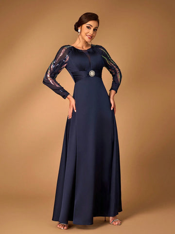 Elegant And Noble Navy Blue Fine Sequins Stitching Chiffon Round Neck See-Through Long Sleeves Gathered Chest Diamond Japanese-Style Buckle Decorative Waist A-Line Hem Suitable For Attending Wedding Events Dinner Dance Formal Mother Dress Evening Dress