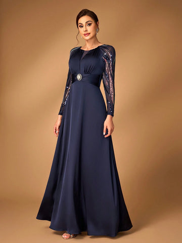 Elegant And Noble Navy Blue Fine Sequins Stitching Chiffon Round Neck See-Through Long Sleeves Gathered Chest Diamond Japanese-Style Buckle Decorative Waist A-Line Hem Suitable For Attending Wedding Events Dinner Dance Formal Mother Dress Evening Dress