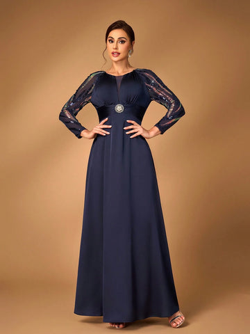 Elegant And Noble Navy Blue Fine Sequins Stitching Chiffon Round Neck See-Through Long Sleeves Gathered Chest Diamond Japanese-Style Buckle Decorative Waist A-Line Hem Suitable For Attending Wedding Events Dinner Dance Formal Mother Dress Evening Dress