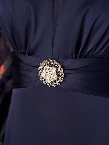 Elegant And Noble Navy Blue Fine Sequins Stitching Chiffon Round Neck See-Through Long Sleeves Gathered Chest Diamond Japanese-Style Buckle Decorative Waist A-Line Hem Suitable For Attending Wedding Events Dinner Dance Formal Mother Dress Evening Dress