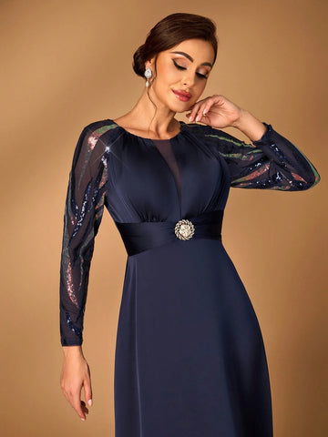Elegant And Noble Navy Blue Fine Sequins Stitching Chiffon Round Neck See-Through Long Sleeves Gathered Chest Diamond Japanese-Style Buckle Decorative Waist A-Line Hem Suitable For Attending Wedding Events Dinner Dance Formal Mother Dress Evening Dress