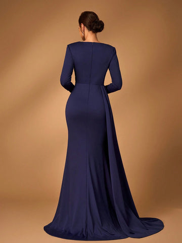 Elegant And Noble Navy Blue Lace Stitching Stretch Knitted Fabric V-Neck, Cross-Over Pleating On The Chest, Long Sleeves, Fishtail Hem, Hem Stitching Outer Piece, Applique Decoration, Wedding Event Evening Mother Of The Bride Dress Evening Dress