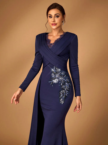 Elegant And Noble Navy Blue Lace Stitching Stretch Knitted Fabric V-Neck, Cross-Over Pleating On The Chest, Long Sleeves, Fishtail Hem, Hem Stitching Outer Piece, Applique Decoration, Wedding Event Evening Mother Of The Bride Dress Evening Dress