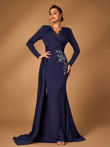 Elegant And Noble Navy Blue Lace Stitching Stretch Knitted Fabric V-Neck, Cross-Over Pleating On The Chest, Long Sleeves, Fishtail Hem, Hem Stitching Outer Piece, Applique Decoration, Wedding Event Evening Mother Of The Bride Dress Evening Dress