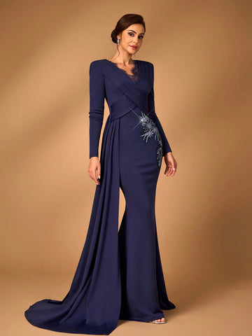 Elegant And Noble Navy Blue Lace Stitching Stretch Knitted Fabric V-Neck, Cross-Over Pleating On The Chest, Long Sleeves, Fishtail Hem, Hem Stitching Outer Piece, Applique Decoration, Wedding Event Evening Mother Of The Bride Dress Evening Dress