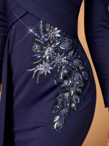 Elegant And Noble Navy Blue Lace Stitching Stretch Knitted Fabric V-Neck, Cross-Over Pleating On The Chest, Long Sleeves, Fishtail Hem, Hem Stitching Outer Piece, Applique Decoration, Wedding Event Evening Mother Of The Bride Dress Evening Dress