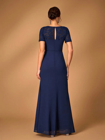 Elegant And Noble Navy Blue Sequined Lace Splicing Chiffon Fabric, Mid-Length Wedding Event Occasion, Party, Formal Mother Of The Bride Dress, Evening Dress