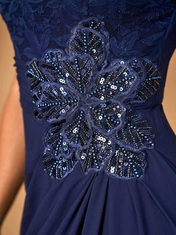 Elegant And Noble Navy Blue Sequined Lace Splicing Chiffon Fabric, Mid-Length Wedding Event Occasion, Party, Formal Mother Of The Bride Dress, Evening Dress