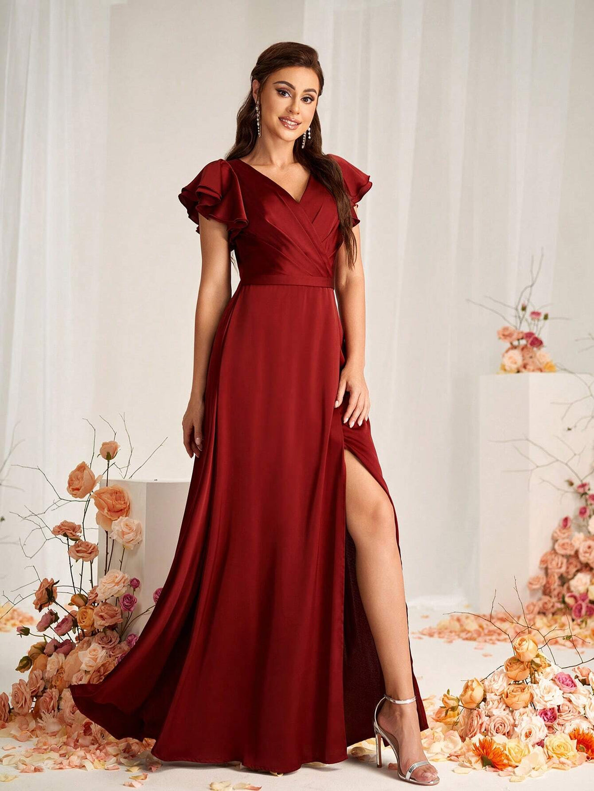 Elegant And Romantic Burgundy Satin Fabric Sweetheart Neckline Overlap Pleats Belt Decoration Stacked Ruffle Sleeves Overlap Slits A-Line Hem Suitable For Wedding Occasions Formal Bridesmaid Dresses