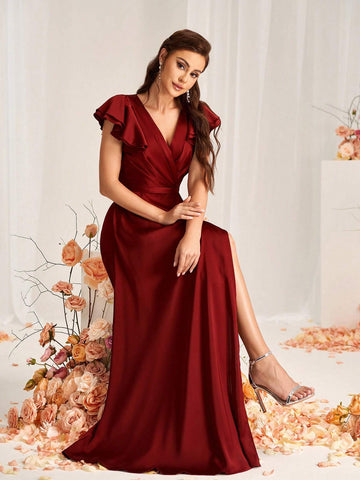Elegant And Romantic Burgundy Satin Fabric Sweetheart Neckline Overlap Pleats Belt Decoration Stacked Ruffle Sleeves Overlap Slits A-Line Hem Suitable For Wedding Occasions Formal Bridesmaid Dresses