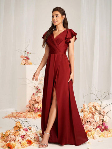 Elegant And Romantic Burgundy Satin Fabric Sweetheart Neckline Overlap Pleats Belt Decoration Stacked Ruffle Sleeves Overlap Slits A-Line Hem Suitable For Wedding Occasions Formal Bridesmaid Dresses