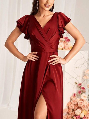 Elegant And Romantic Burgundy Satin Fabric Sweetheart Neckline Overlap Pleats Belt Decoration Stacked Ruffle Sleeves Overlap Slits A-Line Hem Suitable For Wedding Occasions Formal Bridesmaid Dresses