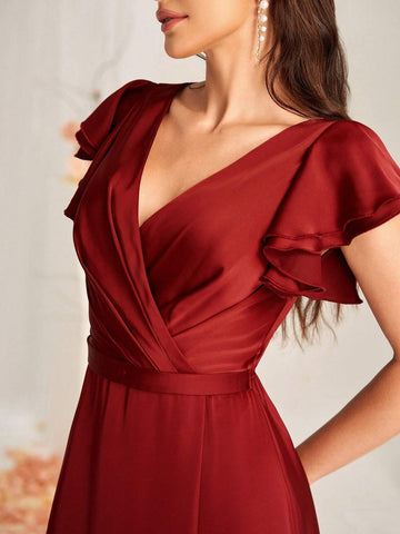 Elegant And Romantic Burgundy Satin Fabric Sweetheart Neckline Overlap Pleats Belt Decoration Stacked Ruffle Sleeves Overlap Slits A-Line Hem Suitable For Wedding Occasions Formal Bridesmaid Dresses