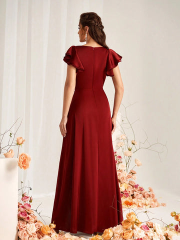 Elegant And Romantic Burgundy Satin Fabric Sweetheart Neckline Overlap Pleats Belt Decoration Stacked Ruffle Sleeves Overlap Slits A-Line Hem Suitable For Wedding Occasions Formal Bridesmaid Dresses