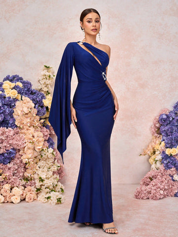 Elegant And Romantic Dark Blue Stretch Knit Fabric Metal Buckle Decoration Oblique Shoulder Floating Panels Pleated Waist Fishtail Hem Birthday Party Holiday Bridesmaid Dress