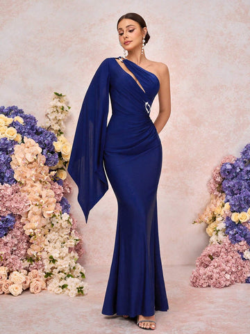 Elegant And Romantic Dark Blue Stretch Knit Fabric Metal Buckle Decoration Oblique Shoulder Floating Panels Pleated Waist Fishtail Hem Birthday Party Holiday Bridesmaid Dress