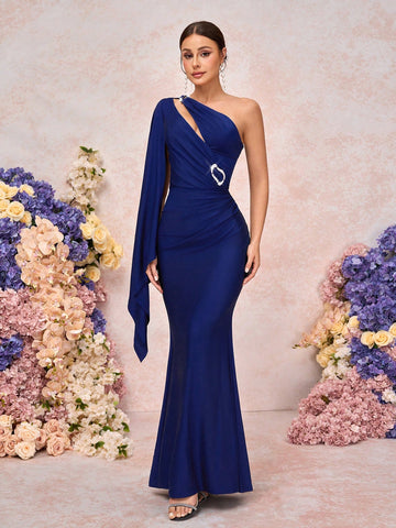Elegant And Romantic Dark Blue Stretch Knit Fabric Metal Buckle Decoration Oblique Shoulder Floating Panels Pleated Waist Fishtail Hem Birthday Party Holiday Bridesmaid Dress