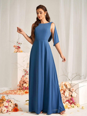 Elegant And Romantic Dark Gray-Blue High-Density Messy Linen Fabric Round Neck Sleeveless Back Beautiful Back Strap Bow Stitching Swing Neck A-Line Hem Suitable For Wedding Events Formal Bridesmaid Dress