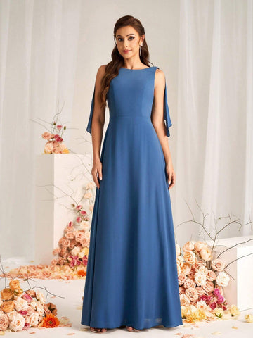 Elegant And Romantic Dark Gray-Blue High-Density Messy Linen Fabric Round Neck Sleeveless Back Beautiful Back Strap Bow Stitching Swing Neck A-Line Hem Suitable For Wedding Events Formal Bridesmaid Dress