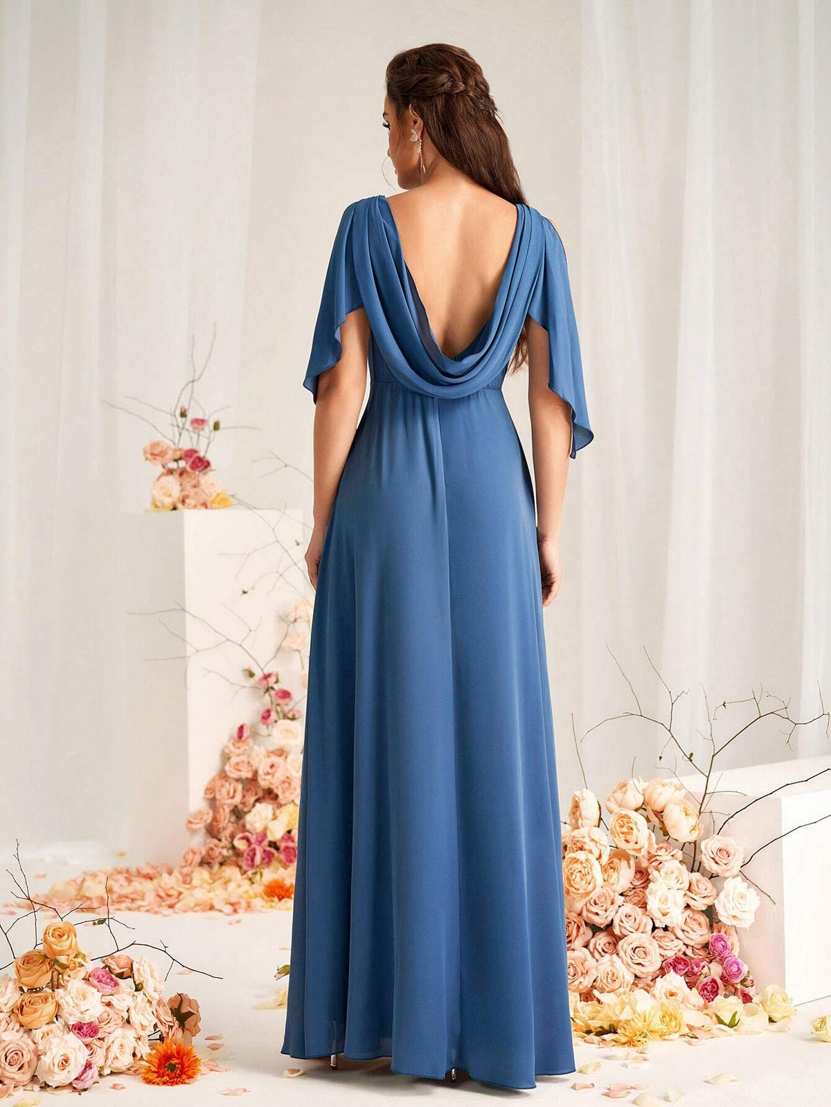 Elegant And Romantic Dark Gray-Blue High-Density Messy Linen Fabric Round Neck Sleeveless Back Beautiful Back Strap Bow Stitching Swing Neck A-Line Hem Suitable For Wedding Events Formal Bridesmaid Dress
