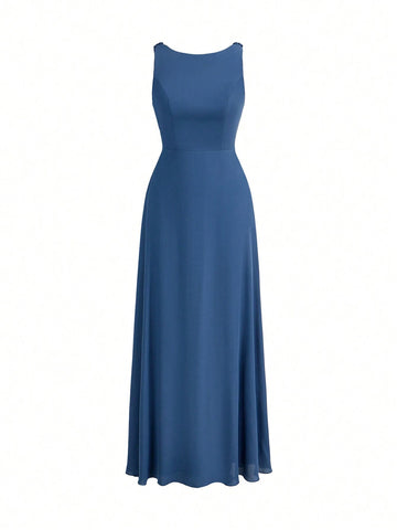 Elegant And Romantic Dark Gray-Blue High-Density Messy Linen Fabric Round Neck Sleeveless Back Beautiful Back Strap Bow Stitching Swing Neck A-Line Hem Suitable For Wedding Events Formal Bridesmaid Dress