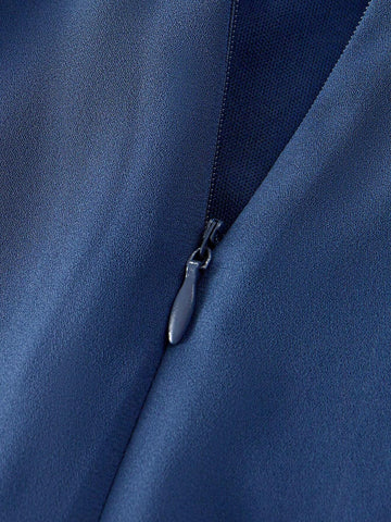 Elegant And Romantic Dark Gray-Blue High-Density Messy Linen Fabric Round Neck Sleeveless Back Beautiful Back Strap Bow Stitching Swing Neck A-Line Hem Suitable For Wedding Events Formal Bridesmaid Dress