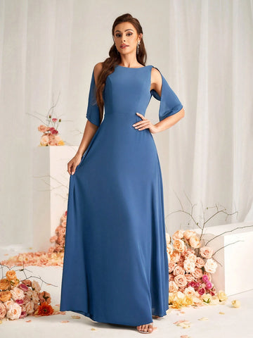 Elegant And Romantic Dark Gray-Blue High-Density Messy Linen Fabric Round Neck Sleeveless Back Beautiful Back Strap Bow Stitching Swing Neck A-Line Hem Suitable For Wedding Events Formal Bridesmaid Dress