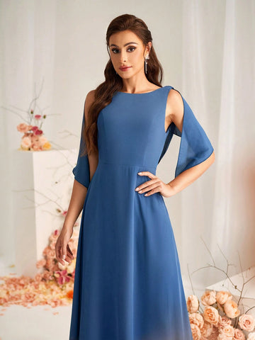 Elegant And Romantic Dark Gray-Blue High-Density Messy Linen Fabric Round Neck Sleeveless Back Beautiful Back Strap Bow Stitching Swing Neck A-Line Hem Suitable For Wedding Events Formal Bridesmaid Dress