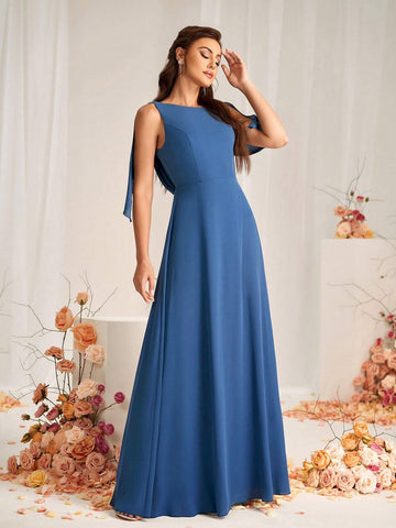Elegant And Romantic Dark Gray-Blue High-Density Messy Linen Fabric Round Neck Sleeveless Back Beautiful Back Strap Bow Stitching Swing Neck A-Line Hem Suitable For Wedding Events Formal Bridesmaid Dress