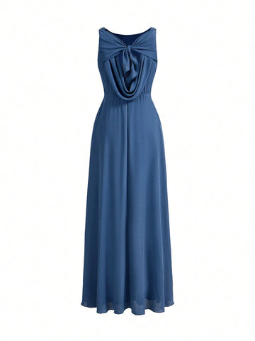 Elegant And Romantic Dark Gray-Blue High-Density Messy Linen Fabric Round Neck Sleeveless Back Beautiful Back Strap Bow Stitching Swing Neck A-Line Hem Suitable For Wedding Events Formal Bridesmaid Dress